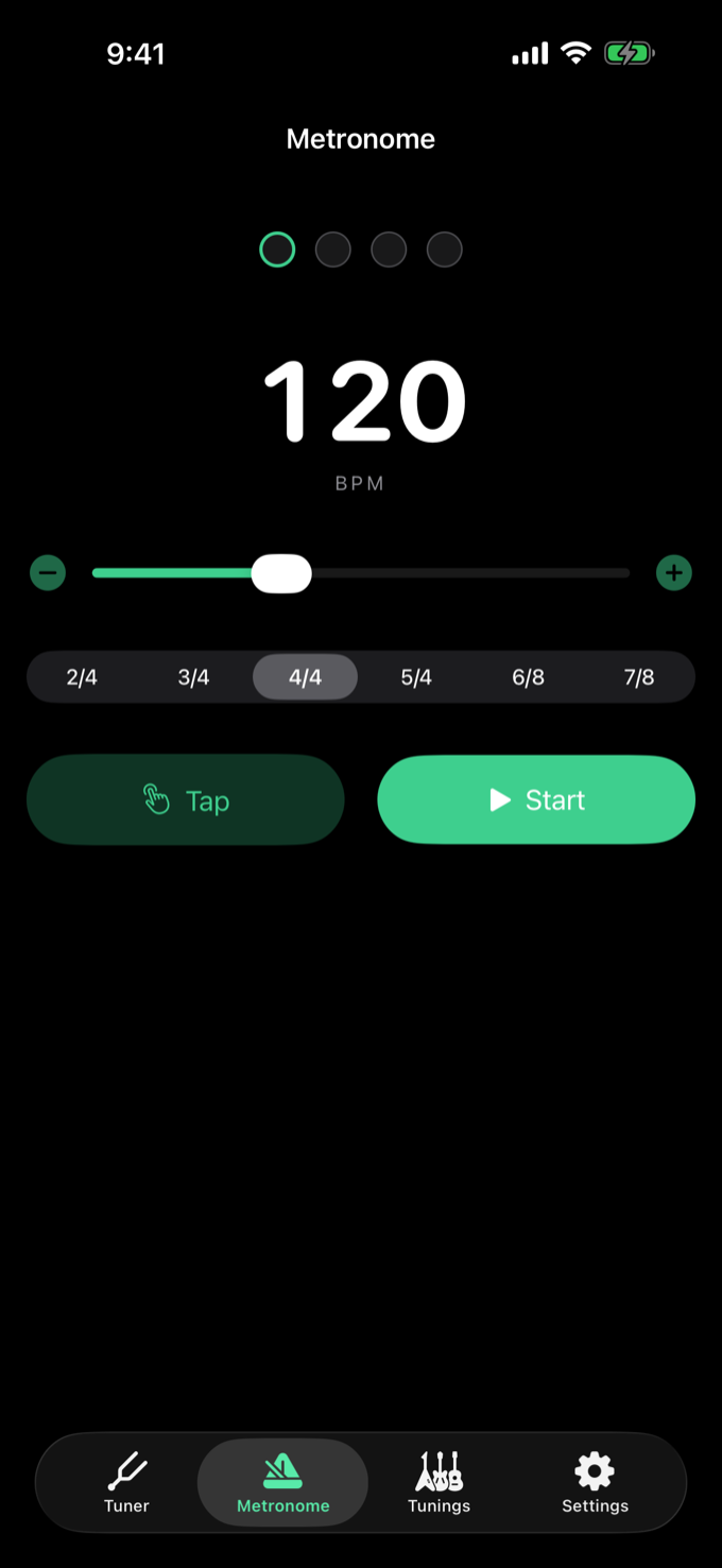 The Retune metronome at 120 BPM in 4/4, with a tempo slider, tap tempo, and a start button.