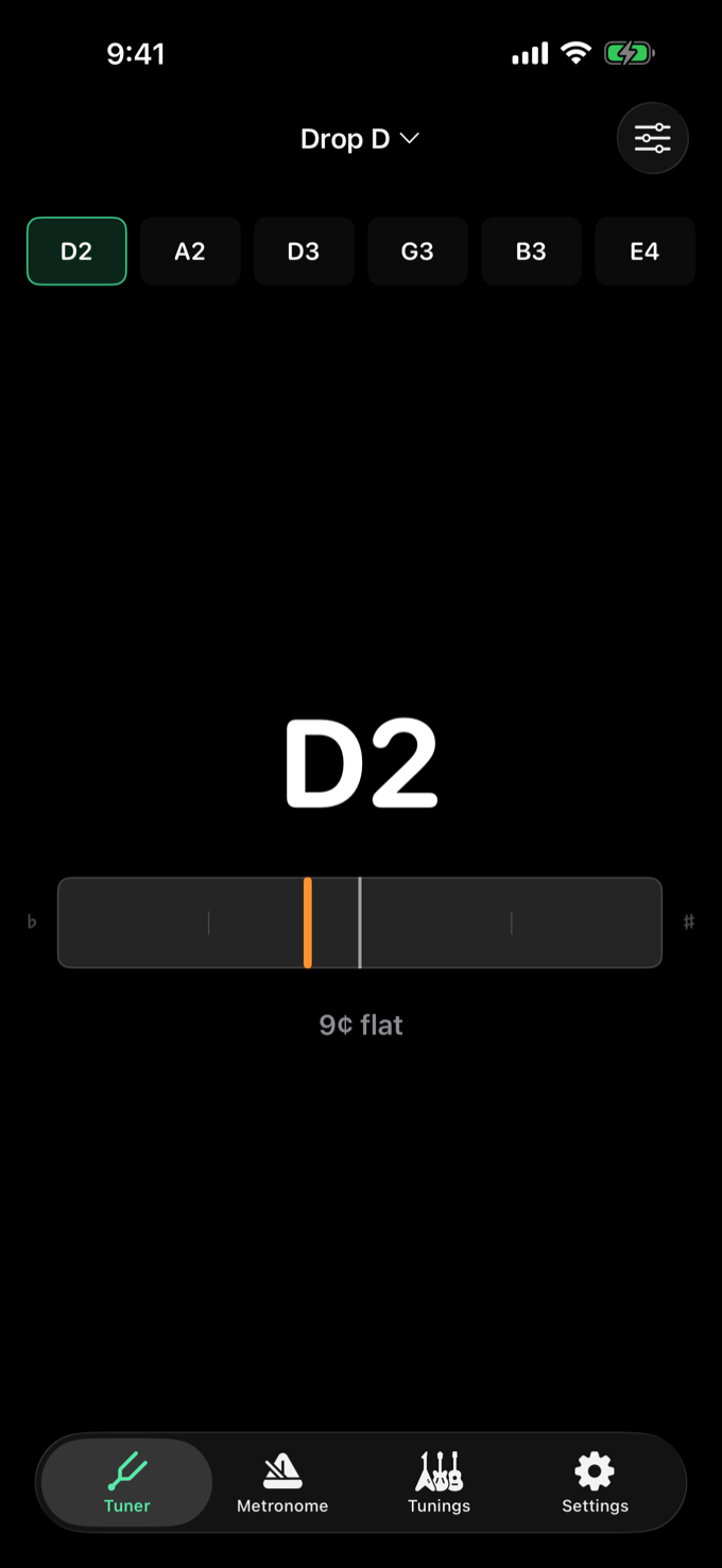 The tuner in Drop D. The low D2 string is selected and reads 9 cents flat, with an orange needle just left of center.